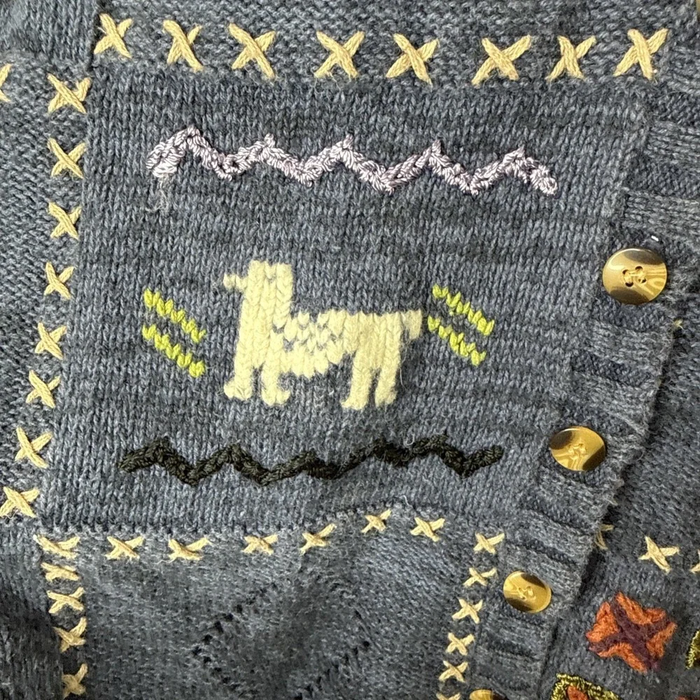 Vintage 90s Embroidered Knit Vest Womens 26W Blue Ramie Lama Art to Wear Cottage